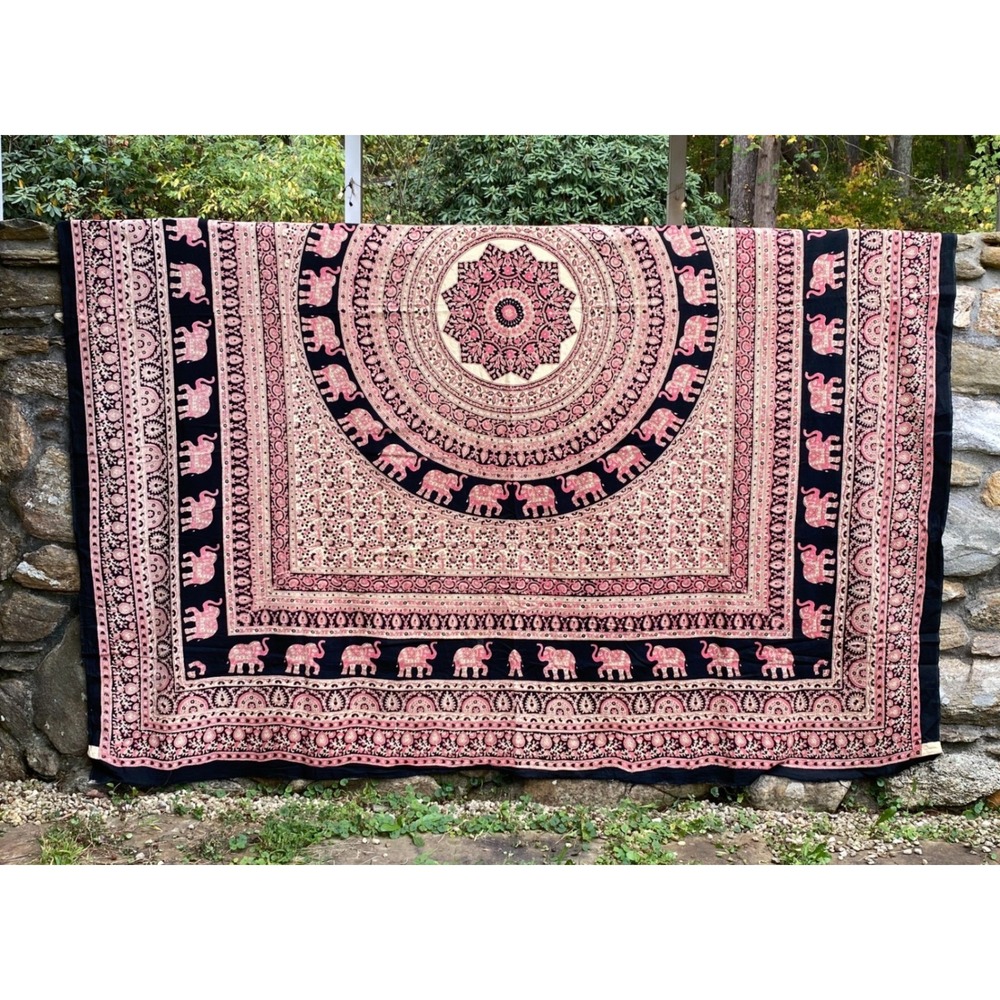 Bohemian Elephant Mandala Cotton Tapestry Wall Hanging Pink Black 87x83